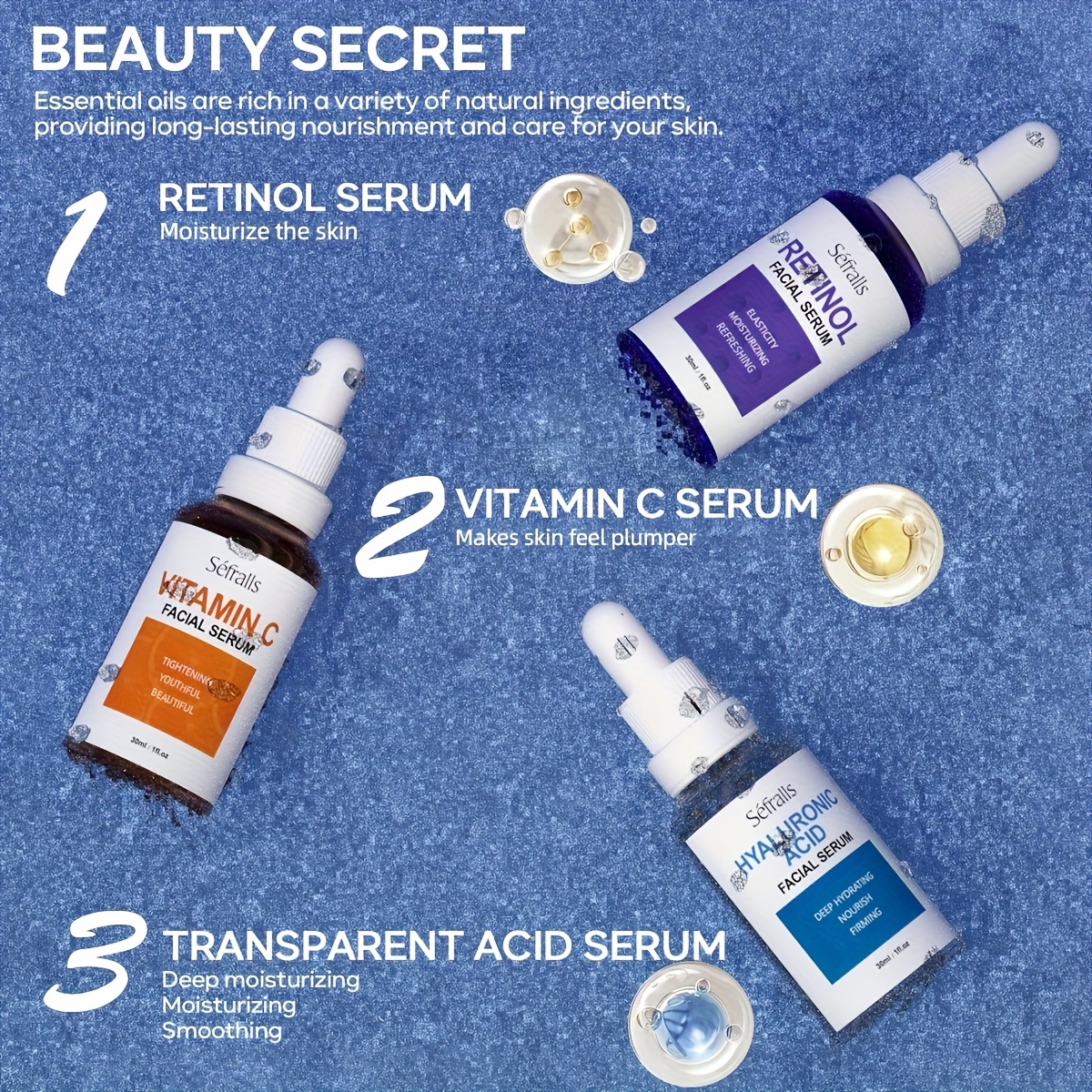 Set Sefralls Hyaluronic Acid VC Retinol Essence 30ml*3pcs s vitaminom C i serumom s hidroksidom hialuronske kiseline za sjaj, učvršćivanje i hidrataciju suhe kože, serum za učvršćivanje, poklon, festival, putovanje