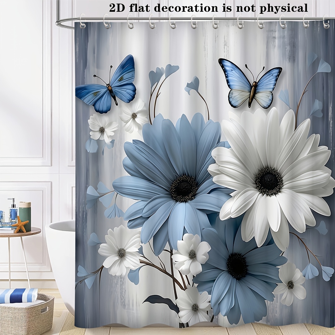 TEMU 2D, Cortina de ducha 2D, 1 pieza, cortina de ducha con diseño de de margaritas y mariposas azules y blancas, adecuada para baño con 12 ganchos