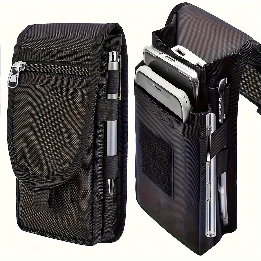 TEMU Flap Waist Belt Pack For Men, Solid Color Black Phone Bag With Pen Fixed Strap, Free With Carabiner And Rope