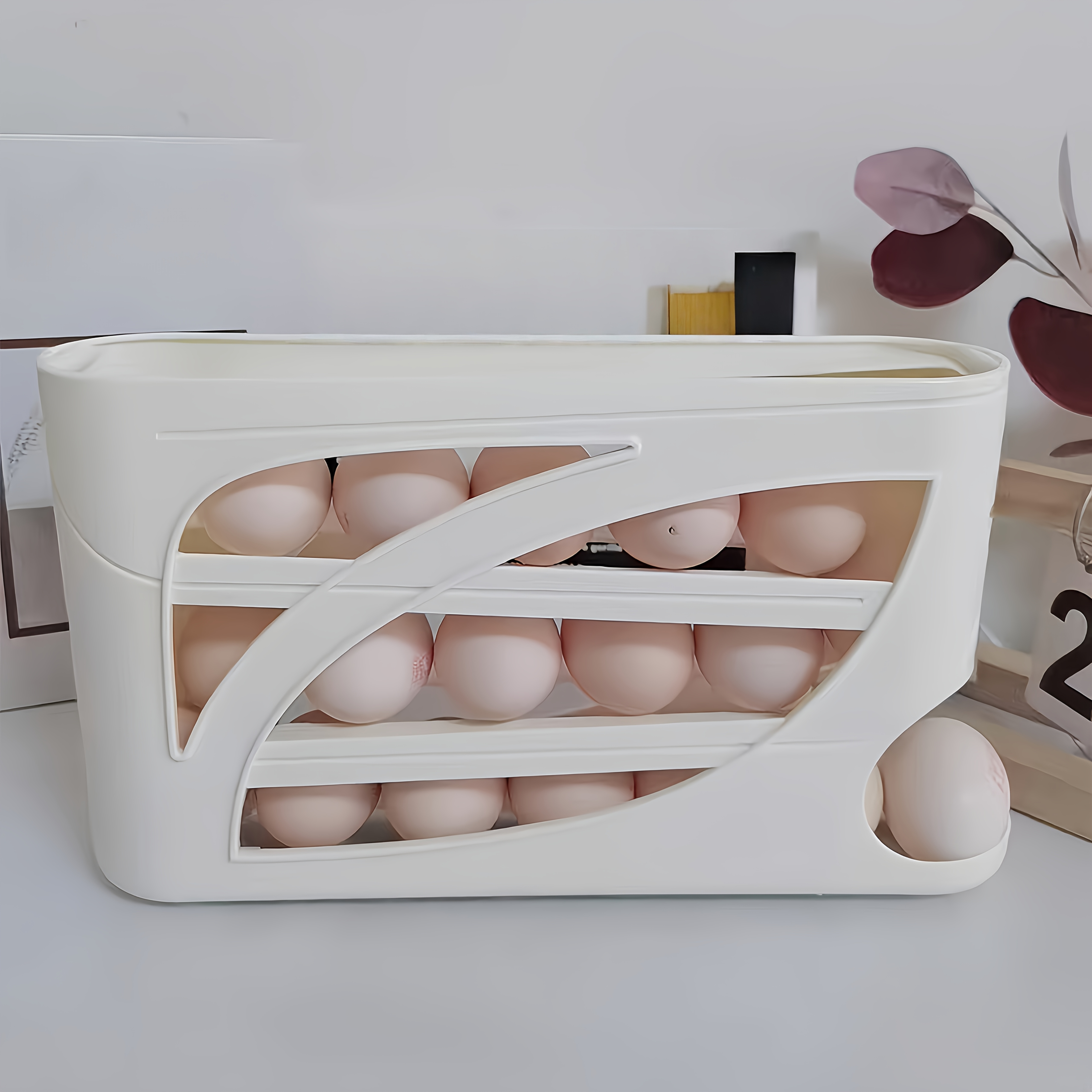1pc egg storage organizer with auto- slots - space-saving egg rack for refrigerator door, multi-tier egg keeper with sliding design, beige/brown, heavy-duty plastic egg holder for freshness & organization - kitchen countertop or fridge organizer, , sturdy construction, organized households Product details 3