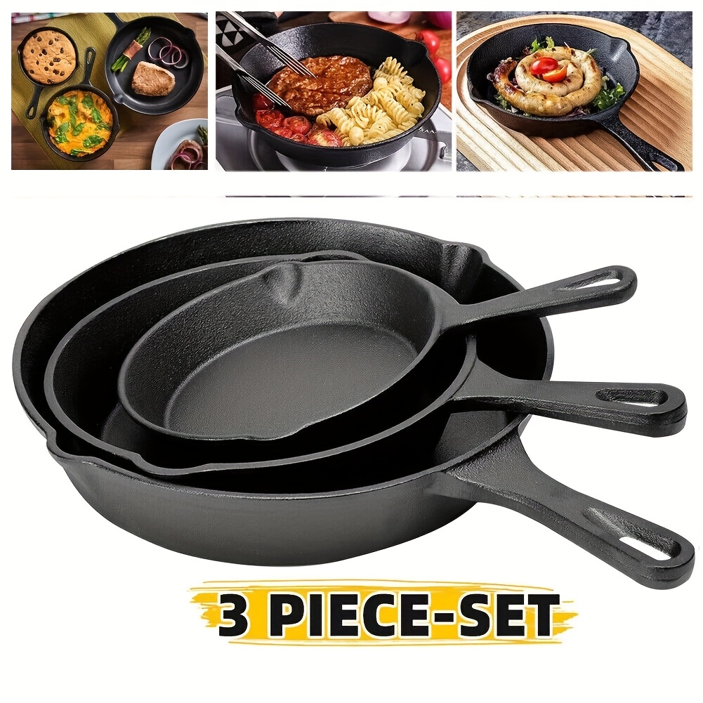 TEMU Set Of 3 Cast Iron Non Stick Griddle Cooking Pan Pre- Frying Pan, Cooking Utensil Set