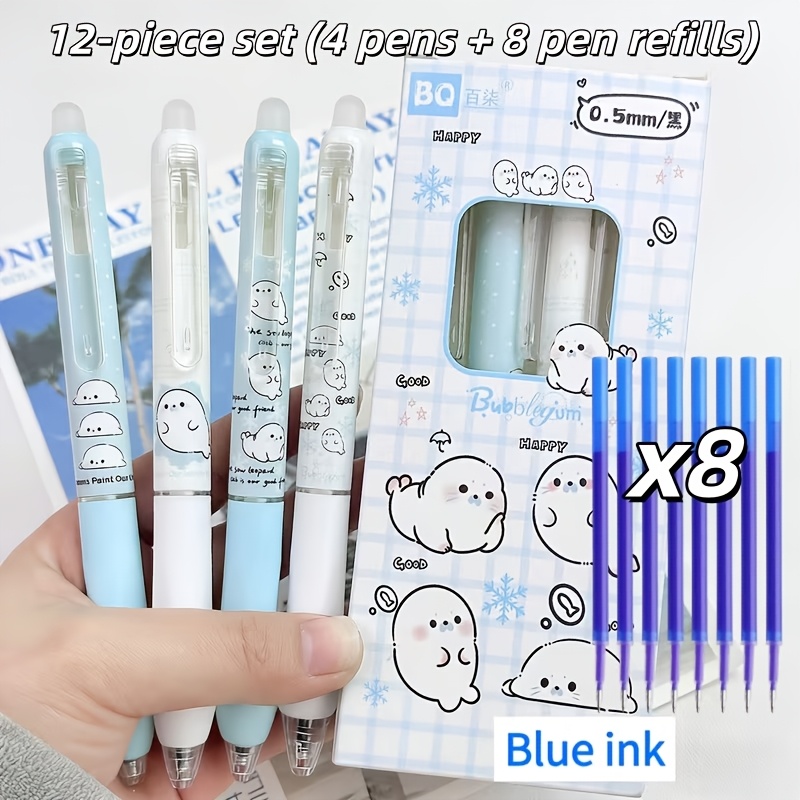 TEMU 12pcs Cute Cartoon Erasable Pen Set (4pcs Pens And 8pcs Refills) - 0.5mm Blue Black Dual-color Erasable Ink, Adorable Animal-shaped Gel Pens,