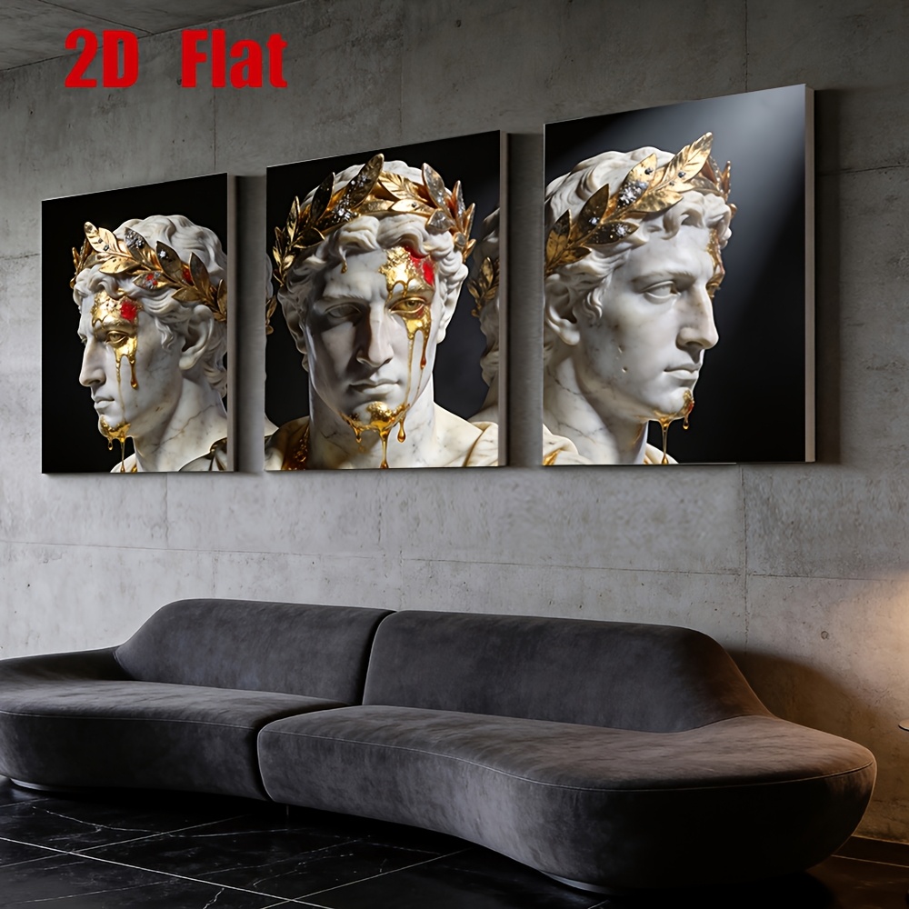 TEMU 2d Flat, 3pcs Frameless Canvas Wall Art Set, 2d Flat, 3pcs Canvas Painting, Classical Roman Sculpture Bust, Marble Texture Statue Artwork With