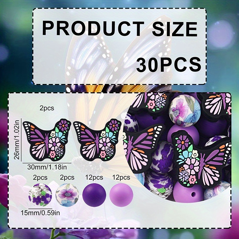 E-shop (4 Farben) 30 Lila Schmetterling Blume Silikonperlen, Stilvolles Design, Schmuckherstellung Perlen, Sehr Gut Geeignet für Armbänder,