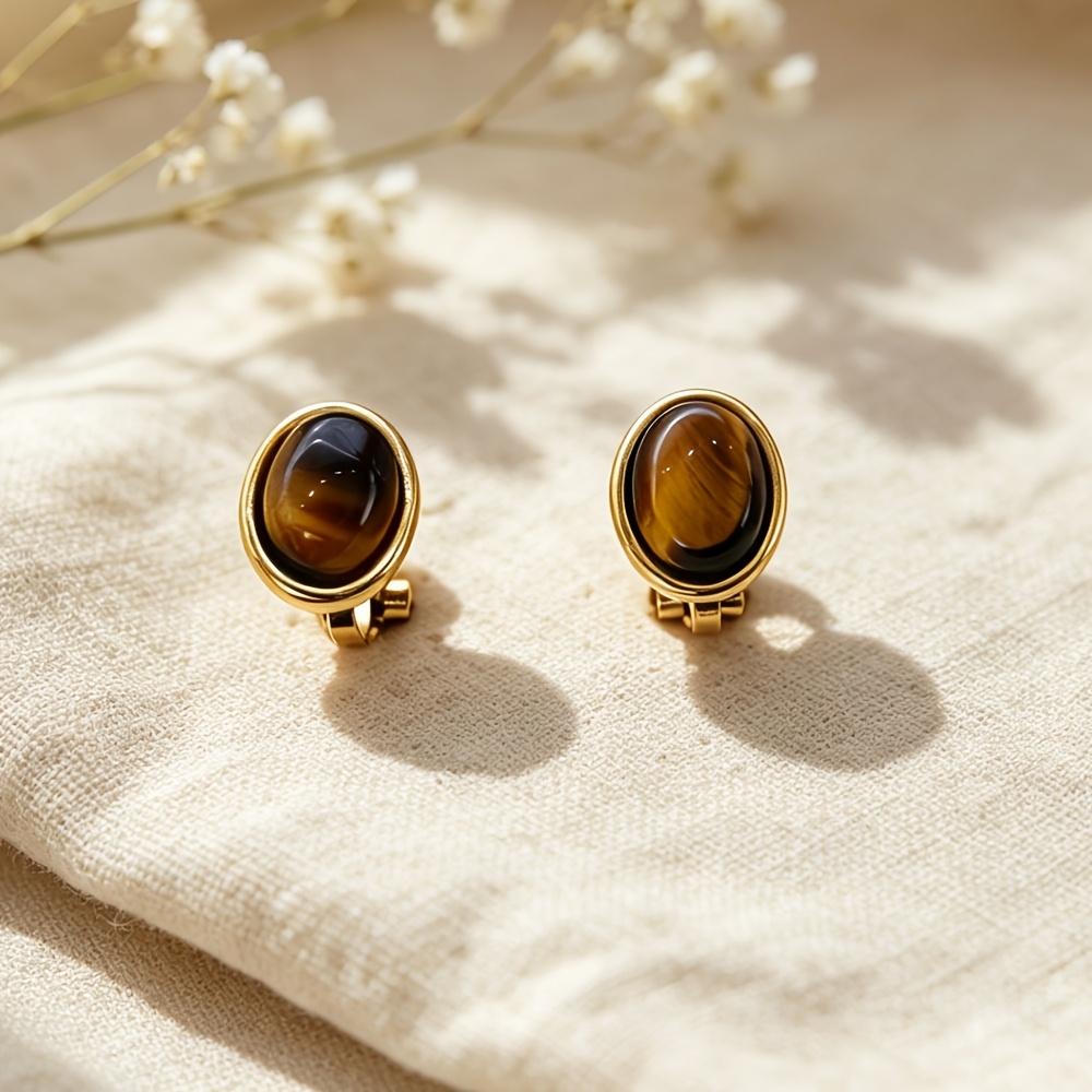 TEMU French Style Oval Natural -on Earrings, No Piercing Needed, 18k Gold Plated 304 Stainless Steel Turquoise// Eye Earrings, Versatile For Daily