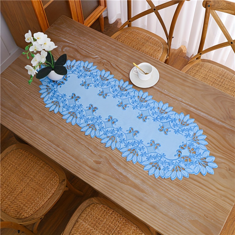 Image of Elegant Blue Floral Embroidered Polyester Table Runner - Perfect For Weddings, Birthdays, And Home Decor