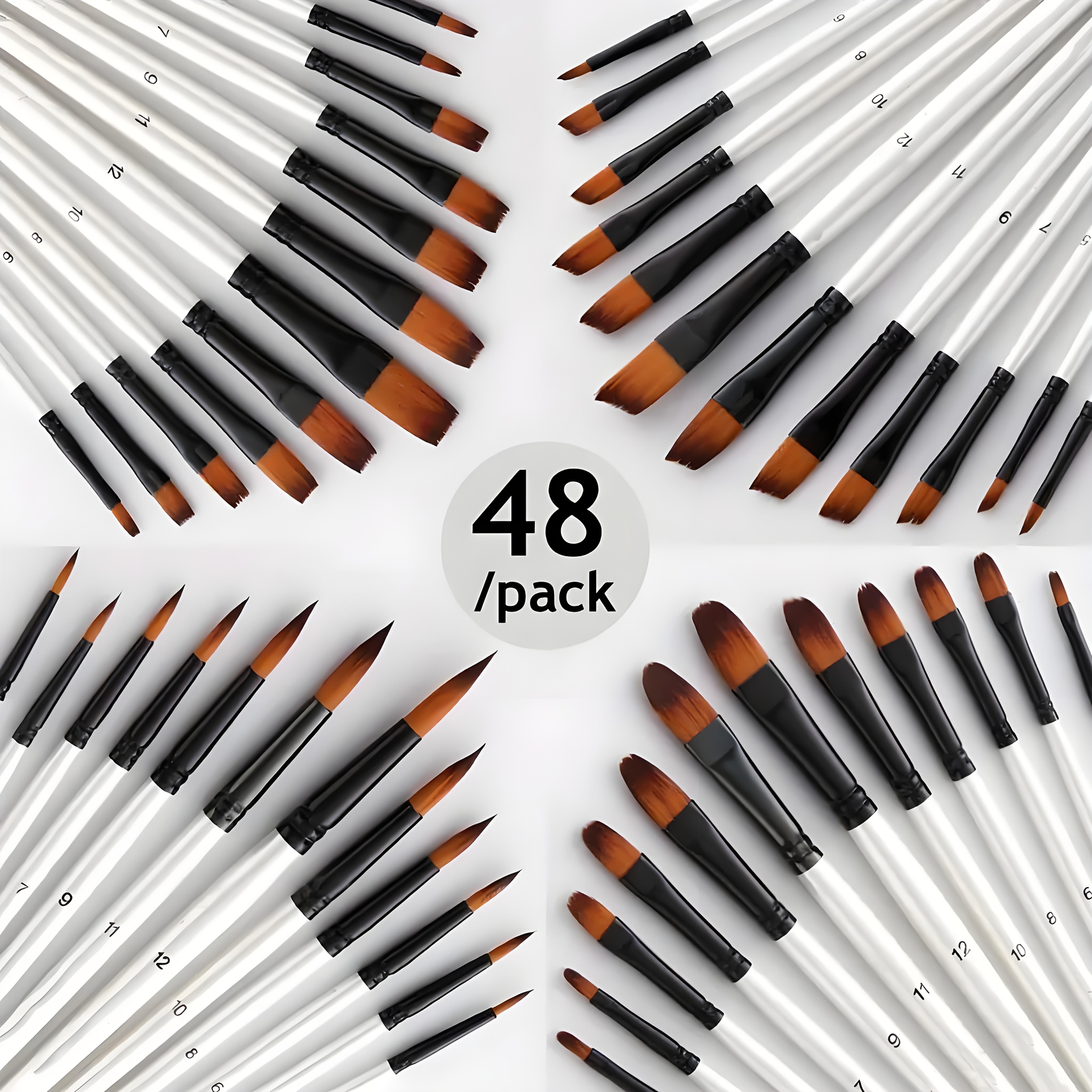 Image of 48/ Paint Brushes With High-quality Wooden White Handles And Nylon Bristles, Including Pointed, Flat, , And Angular Shapes, Suitable For Watercolor, Oil, And Acrylic Paints, Ideal For