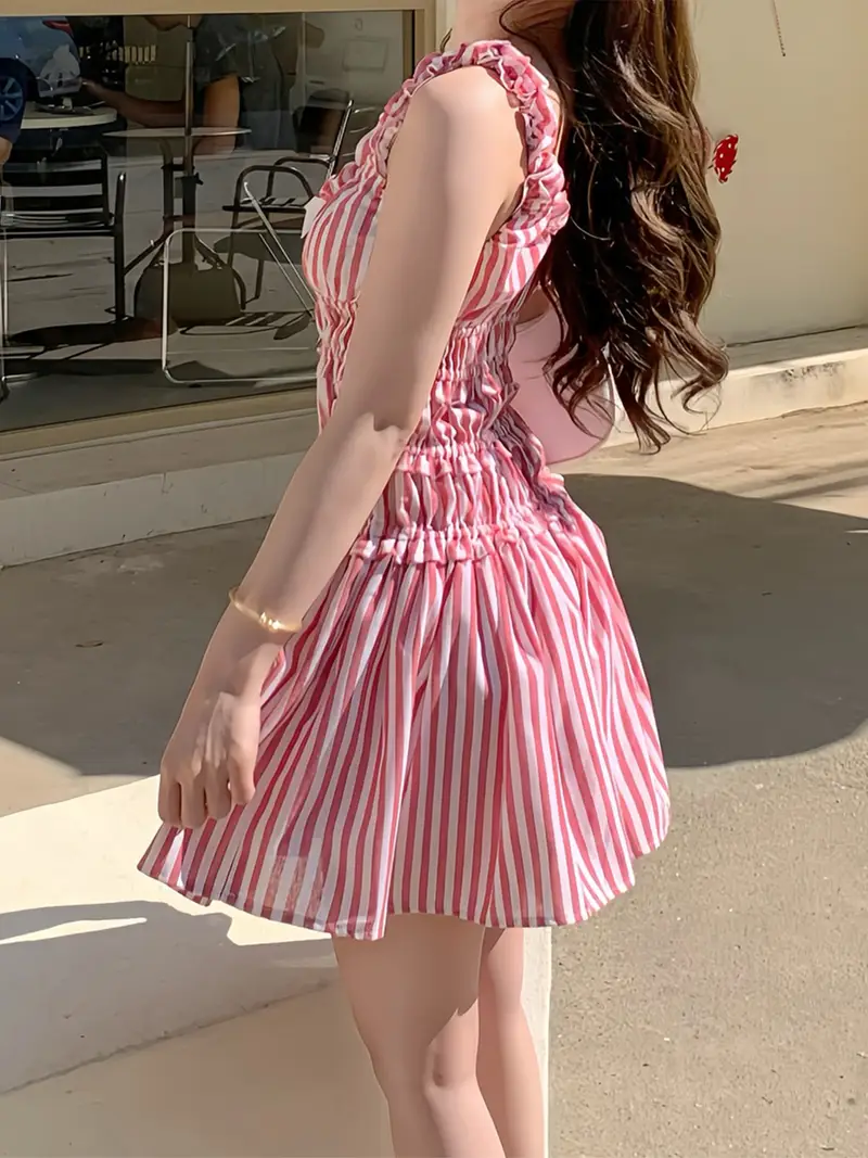 Women's Red & White Striped Tank Dress with * * Waist Bow, Scoop Neck & Frill Trim - Sleeveless A-Line Mini Ruffle Dress for Casual & Festive Women's Red & White Striped Tank Dress with * * Waist Bow, Scoop Neck & Frill Trim - Sleeveless A-Line Mini Ruffle Dress for Casual & Festive