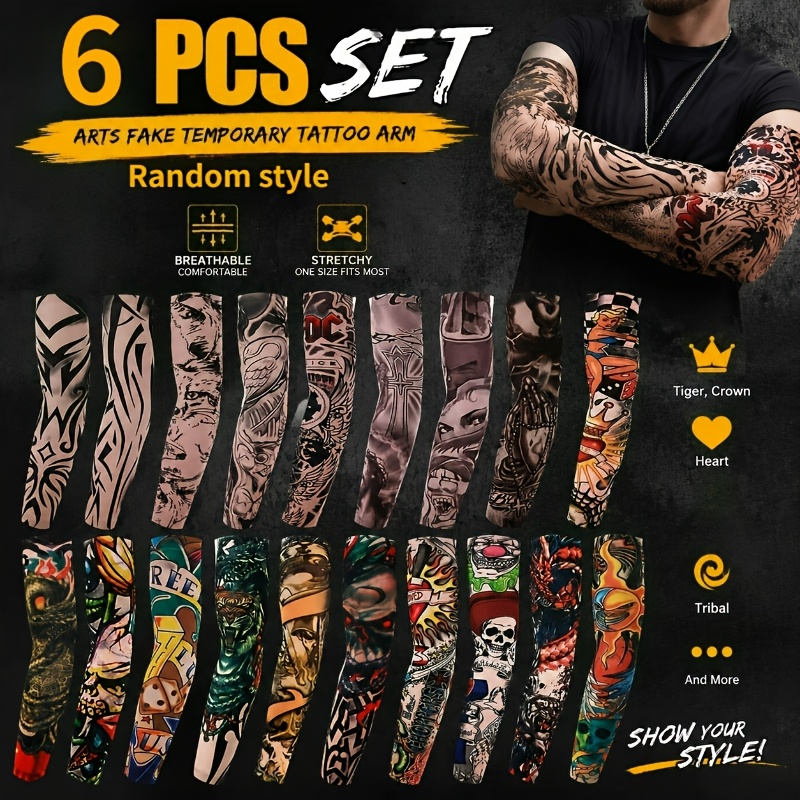 TEMU 6pcs Neutral Temporary Tattoo Sleeves, Compression Arm Sleeves, Breathable Stretch Fake Tattoo Sleeves For Cycling Outdoor Activities Halloween