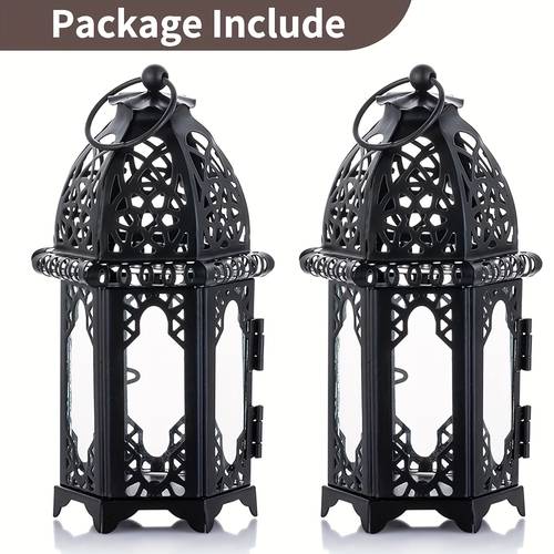 2pcs christmas metal candle holders with transparent glass moroccan style hanging lanterns creative wedding and home tabletop decorations courtyards indoor outdoor use events parties and weddings no electricity required