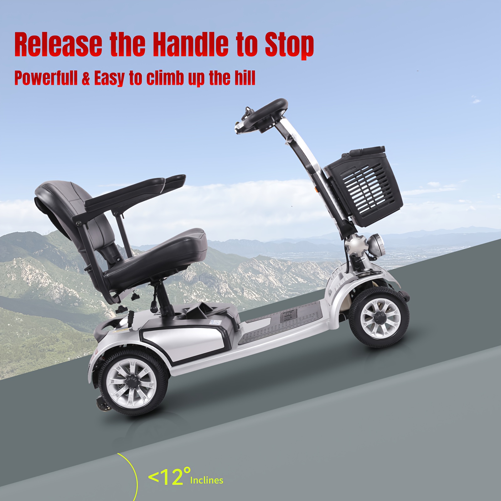 foldable four wheel mobility scooter for transporting adults and elderly electric scooter with removable battery 360 swivel seat front and back   lights tools free assemble 8 inch 9 inch solid tires electric mobility aid for senior gift Product details 6