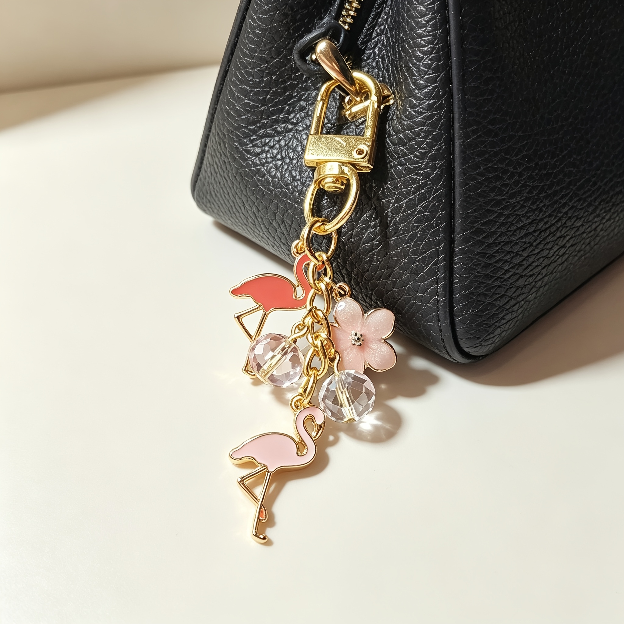 TEMU 1pc Instagram-style Flamingo Flower Keychain, From Exquisite Alloy With Bead Accents. Features A Secure Golden-tone Snap Hook For Reliable
