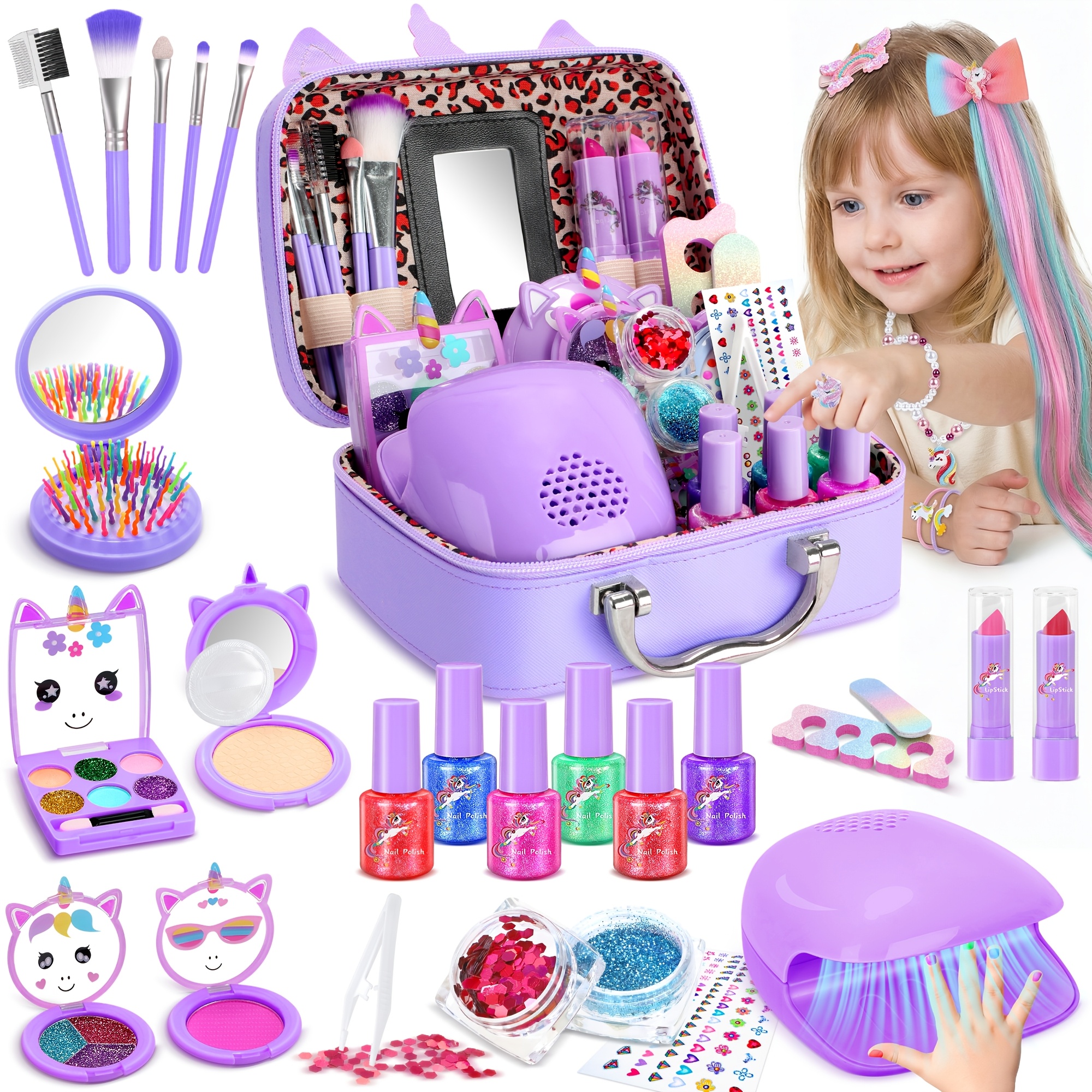 TEMU Kids Makeup Set For Girls, Non-toxic Washable Complete Play Cosmetic Kit With Nail Polish, Jewelry And Hair Additions, Princess Dress Up Toy,