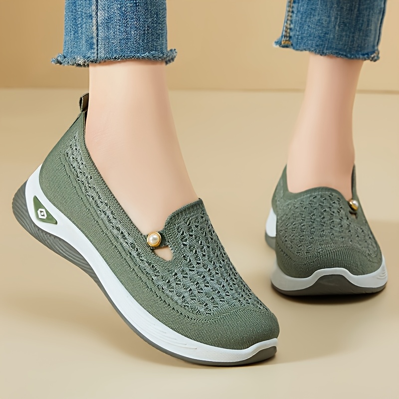 breathable mesh slip on walking shoes for women lightweight soft sole casual sneakers spring   solid color fabric upper inner pvc sole Product details 1