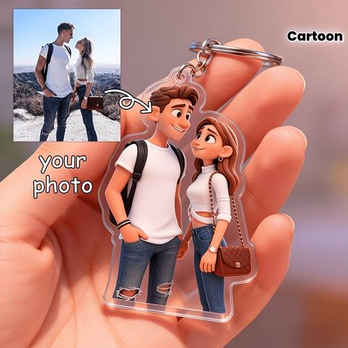 2d flat anniversary surprise customization cartoon style 2d acrylic keychain for couples customizable from real photos into hand painted anime style chibi portraits pendant can turn couple photos wedding photos or everyday funny