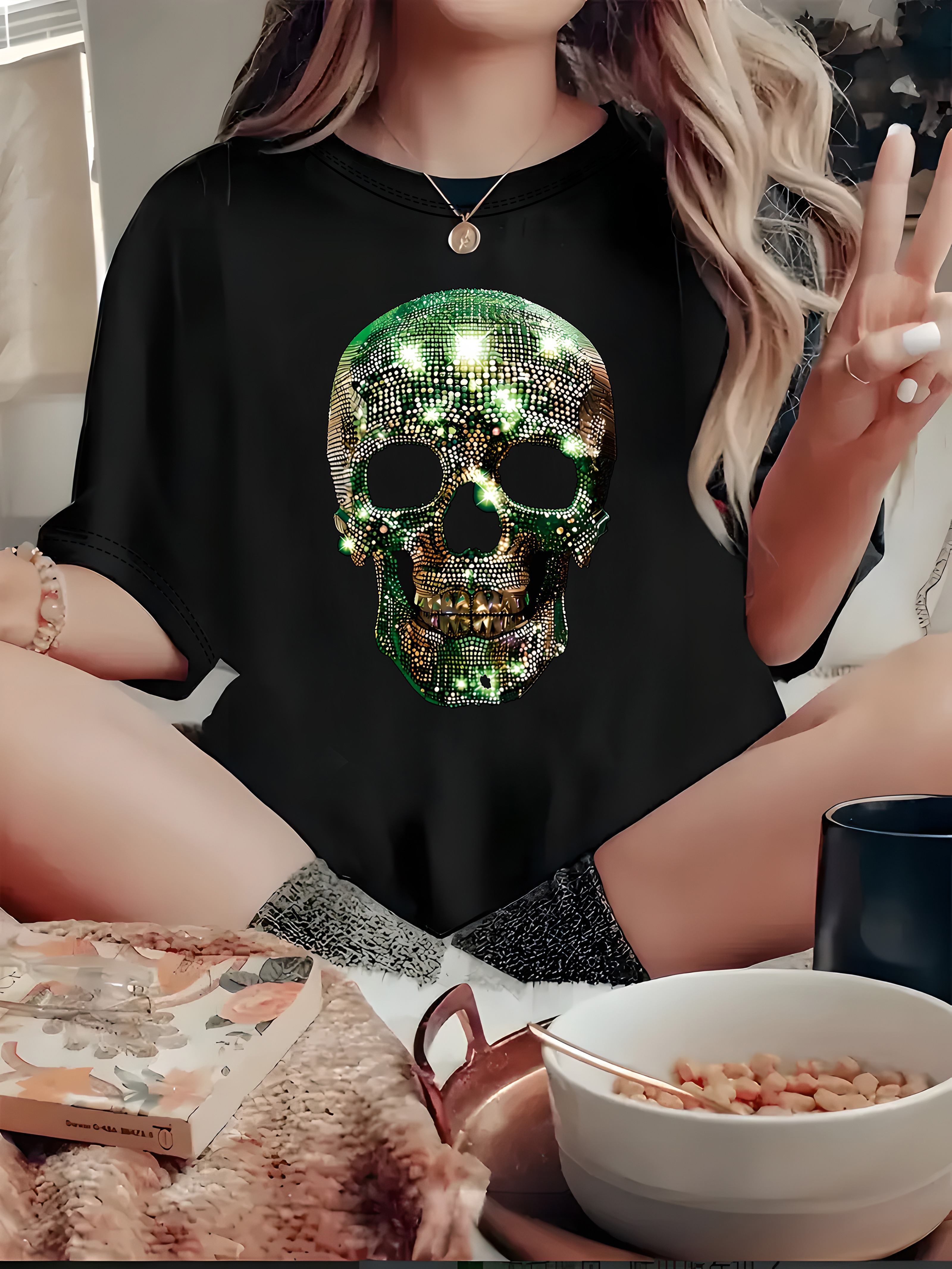 women's plus size short sleeve t shirt sparkling green skull