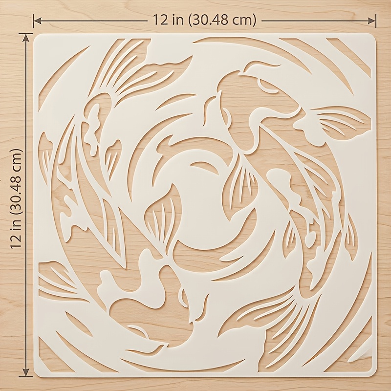 TEMU Pochoir Koï Tourbillonnante 30,48 cm x 30,48 cm, Gabarit de Peinture Réutilisable, Pochoir Koï, Symbolisant l'Harmonie du Yin et du Yang, le Fin
