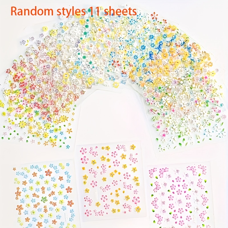 TEMU 11 Sheets Random Styles 3d Flower Nail Stickers, Mixed Glitter Floral Self-adhesive Decals For Nail Art