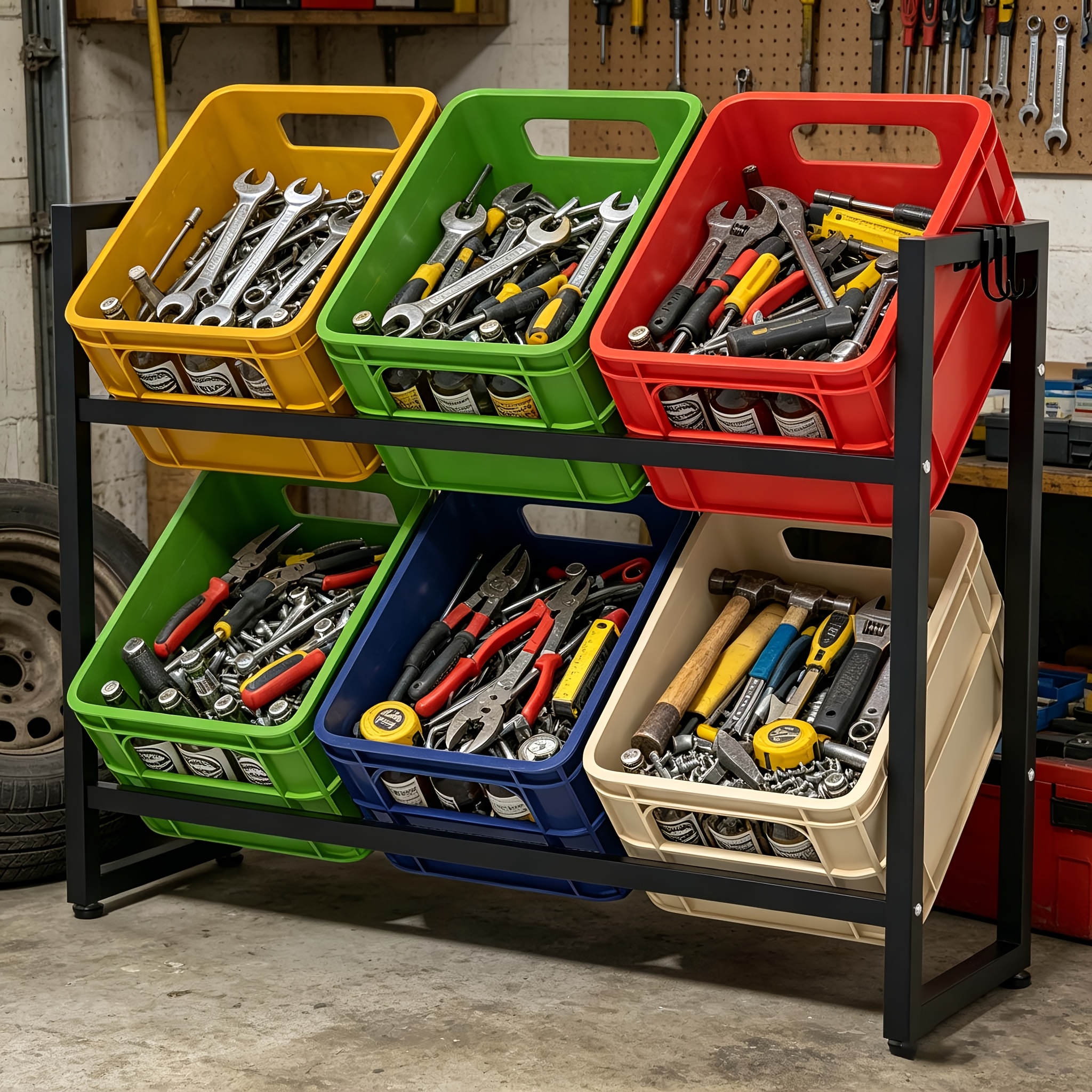 E-shop Mehrzweck-Getränkekistenregal, 2-stöckiges Metallregal, stabiler Kistenhalter für 6 Getränkekisten, platzsparender Organizer für Garage, , Küche