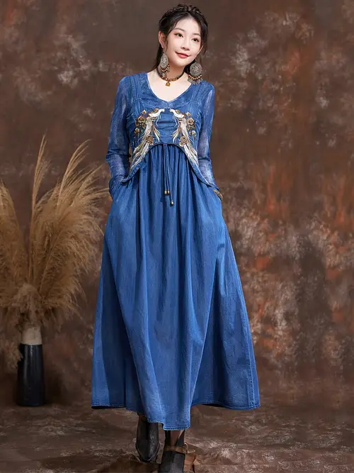 우아한 오프숄더 자수 데님 드레스 - 빈티지 스타일, 민소매 꽃무늬, 여성용 a라인 블루 맥시, 봄/가을에 완벽함