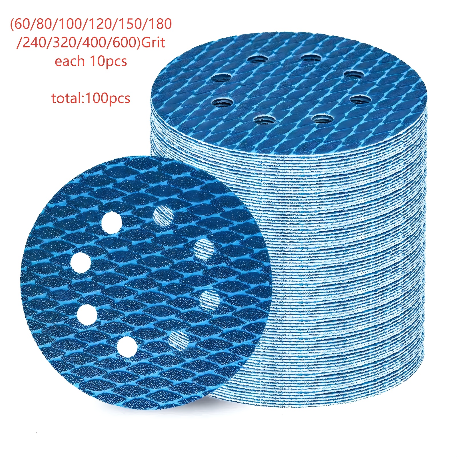 Image of 100pcs 5" 8-hole Blue Diamond Sanding Disc - Anti-slip, 2x Life - Metal/wood Grinding, Pro-grade Abrasive Grit(60/80/100/120/150/180/240/320/400/600)