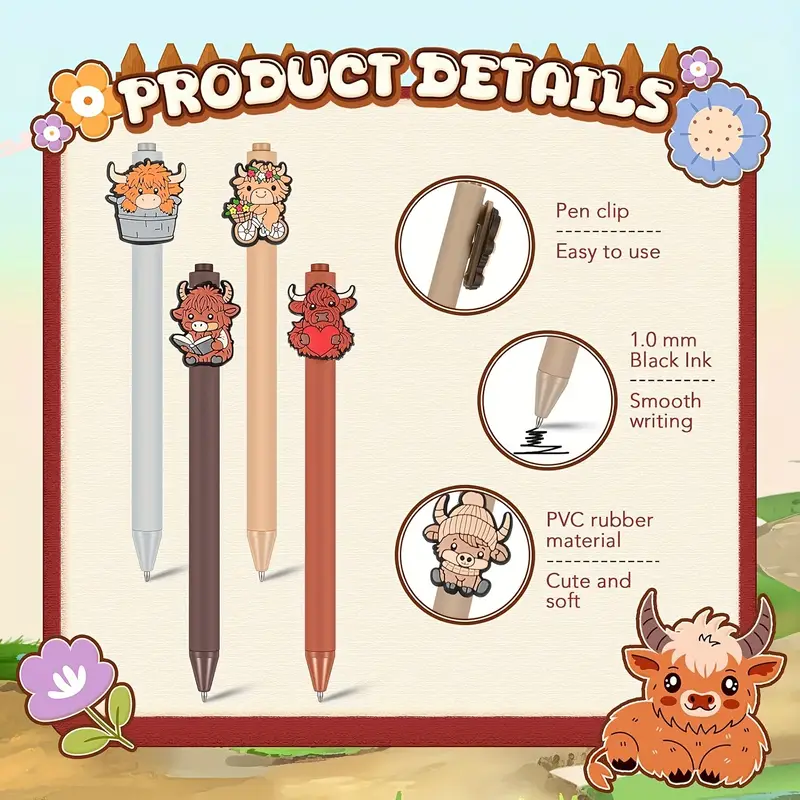 20pcs cute highland cow printed pens black ink retractable highland cow pen set cartoon highland cow gift set school home office stationery theme holiday gifts accessories gifts for colleagues Product details 0