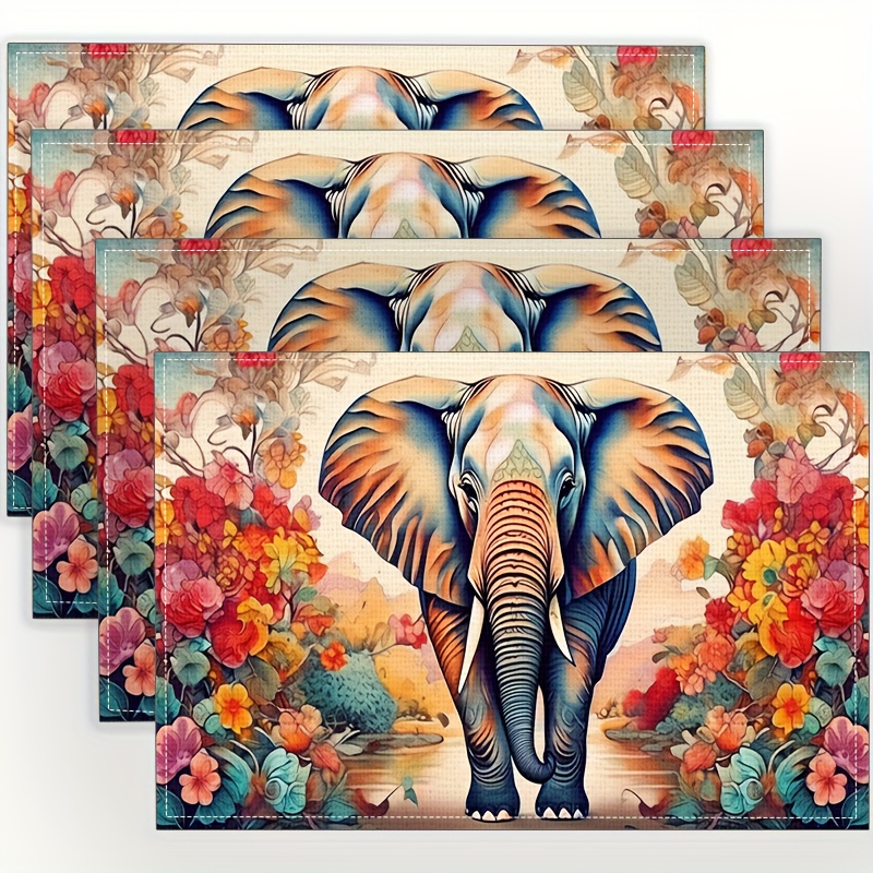 

4pcs Placemats, Elephant Pattern Linen Placemats, Restaurant Tabletop Protection, Party Decoration Coasters, 16.54 X 11.81inch, For Home Dinning Room And Restaurant, Home Supplies
