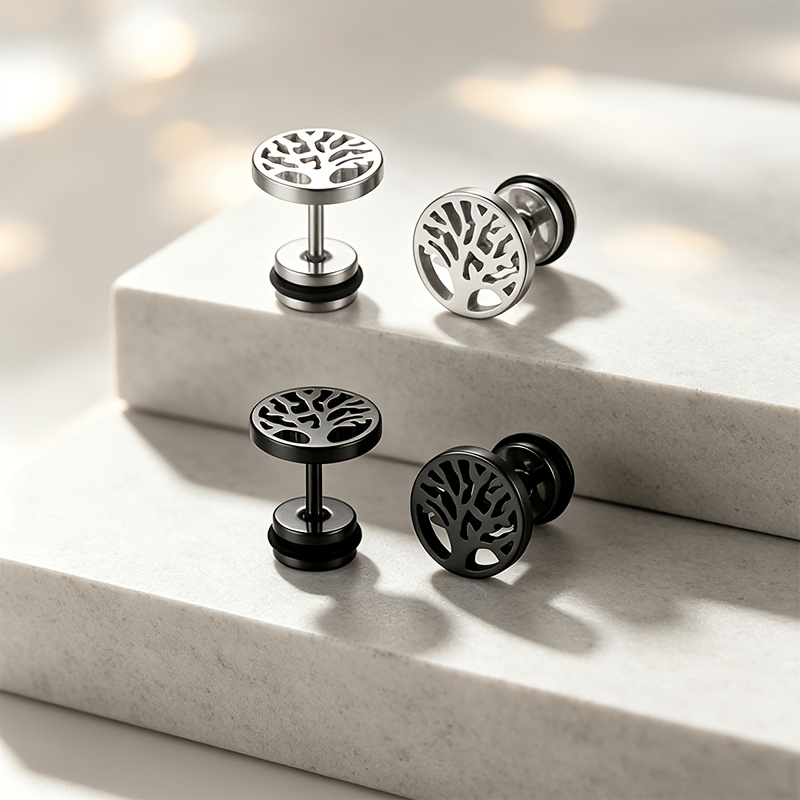 TEMU 4pcs Set Of Hollow Life Tree Steel Stud Earrings For Men And Women