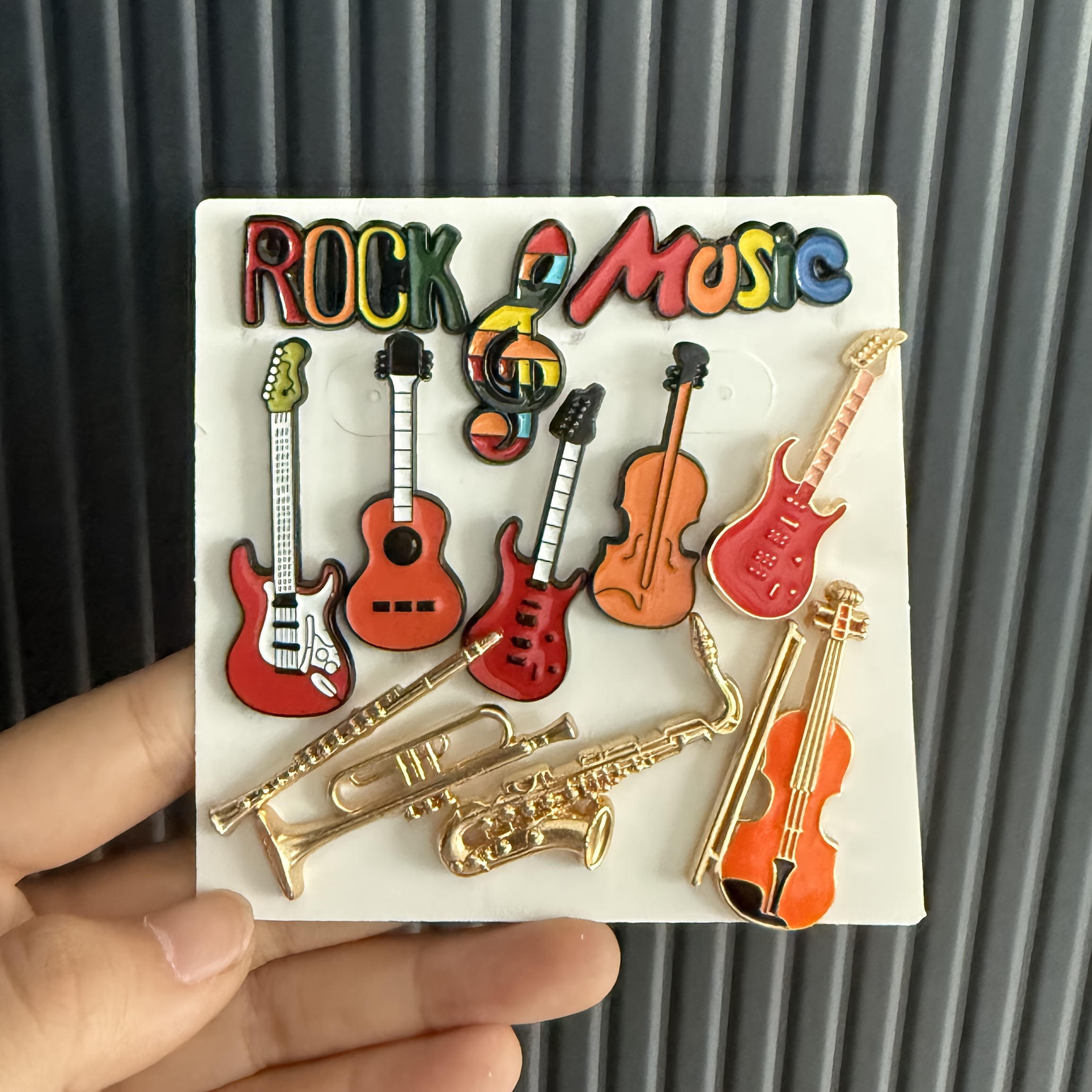 TEMU 12pcs Instrument Enamel Brooches, Electric Guitar Saxophone Trumpet Music Note Badges, Denim Back Patch Pins