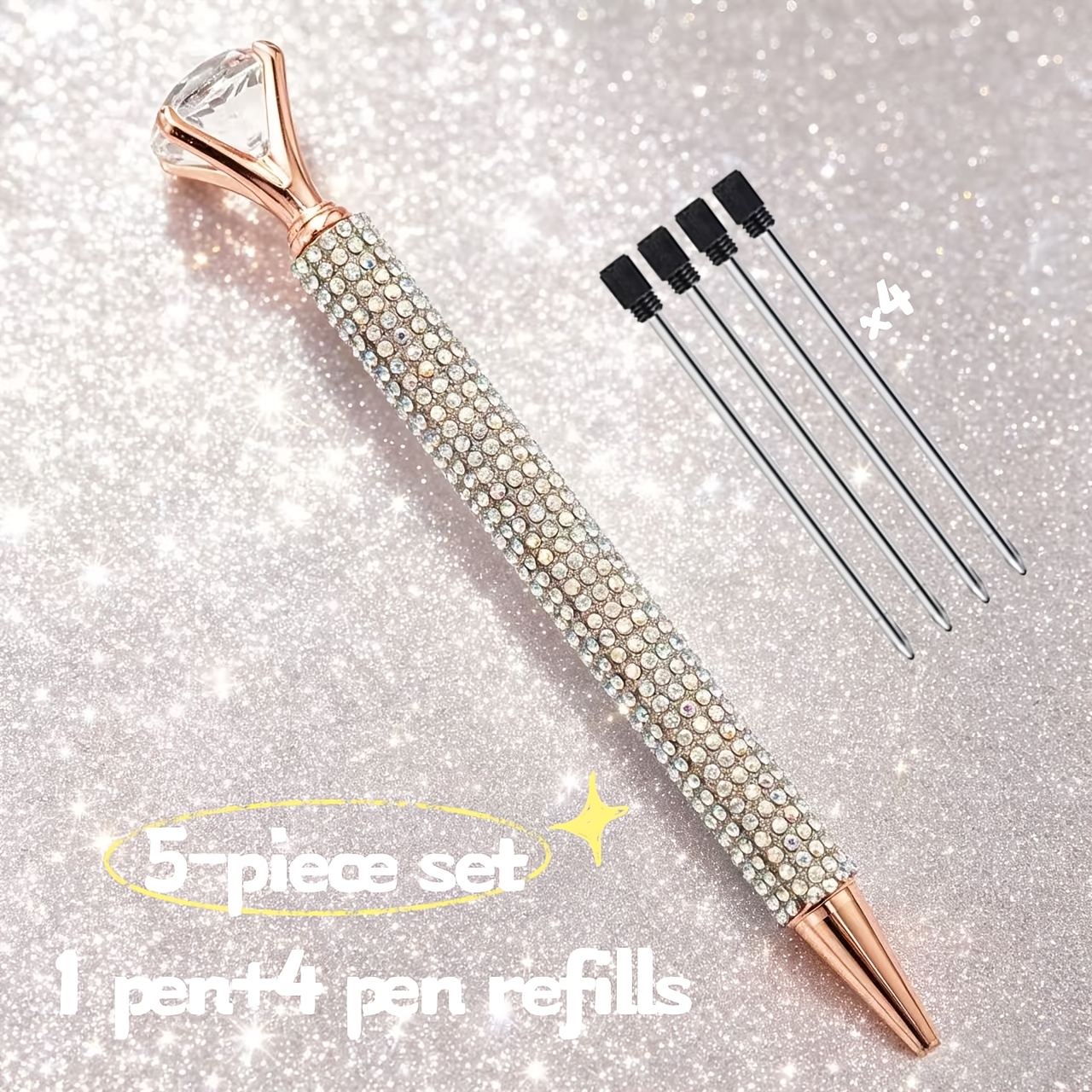 TEMU Set di 5 penne a sfera con tinta intera, diamanti artificiali , 1 penna + 4 ricariche, penna da scrittura regalo creativa, scrittura elegante,