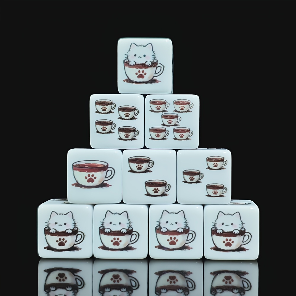 6pcs/Set 16mm Acrylic D6 Dice with Cat in Coffee Cup Pattern