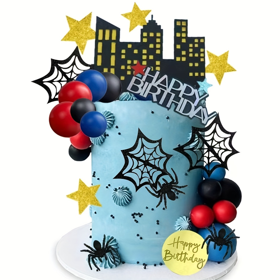 

50-piece Spider Theme Birthday Cake Topper Set - Plastic & Paper Cake Decorations With Balloons, Spider Webs, Stars, And City Silhouette For & Birthday Parties - No Electricity Or Feathers