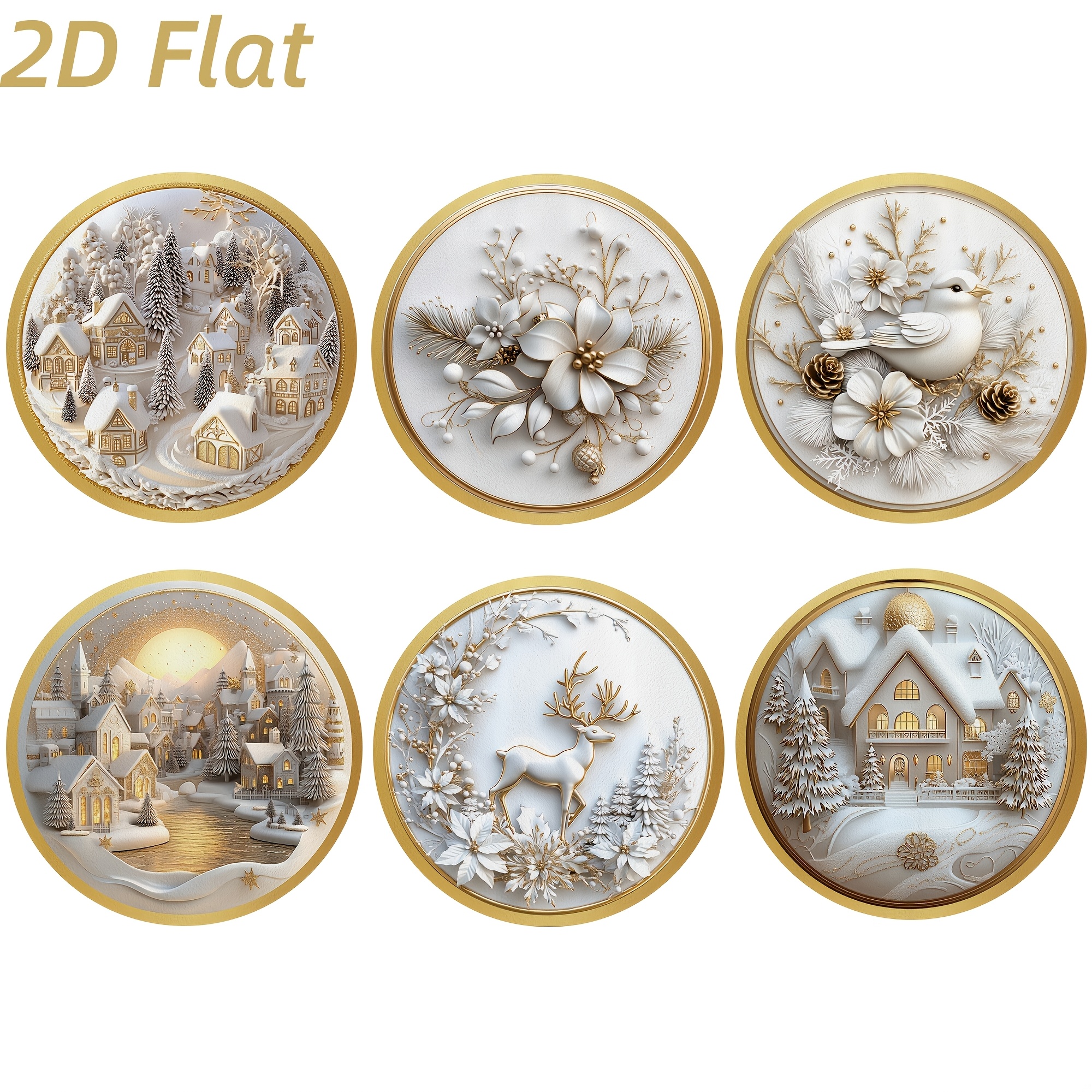 TEMU 6pcs Winter Christmas Wooden Coasters - Non-slip Heat-resistant Mats, 2d Flat With Golden Snowflake, Reindeer, Bird, Flower - Elegant Golden