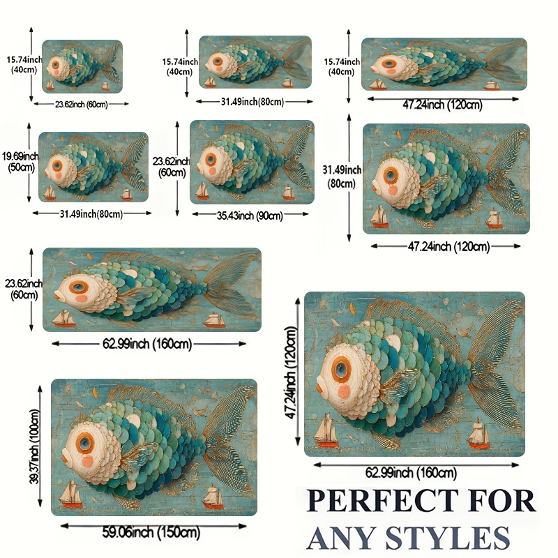 TEMU 2d Flat, 2d Flat Mat, 1pc Artistic Flannel Bathroom Anti-slip Mat Featuring A Large Vintage Fish With Detailed Scales And Orange Accents