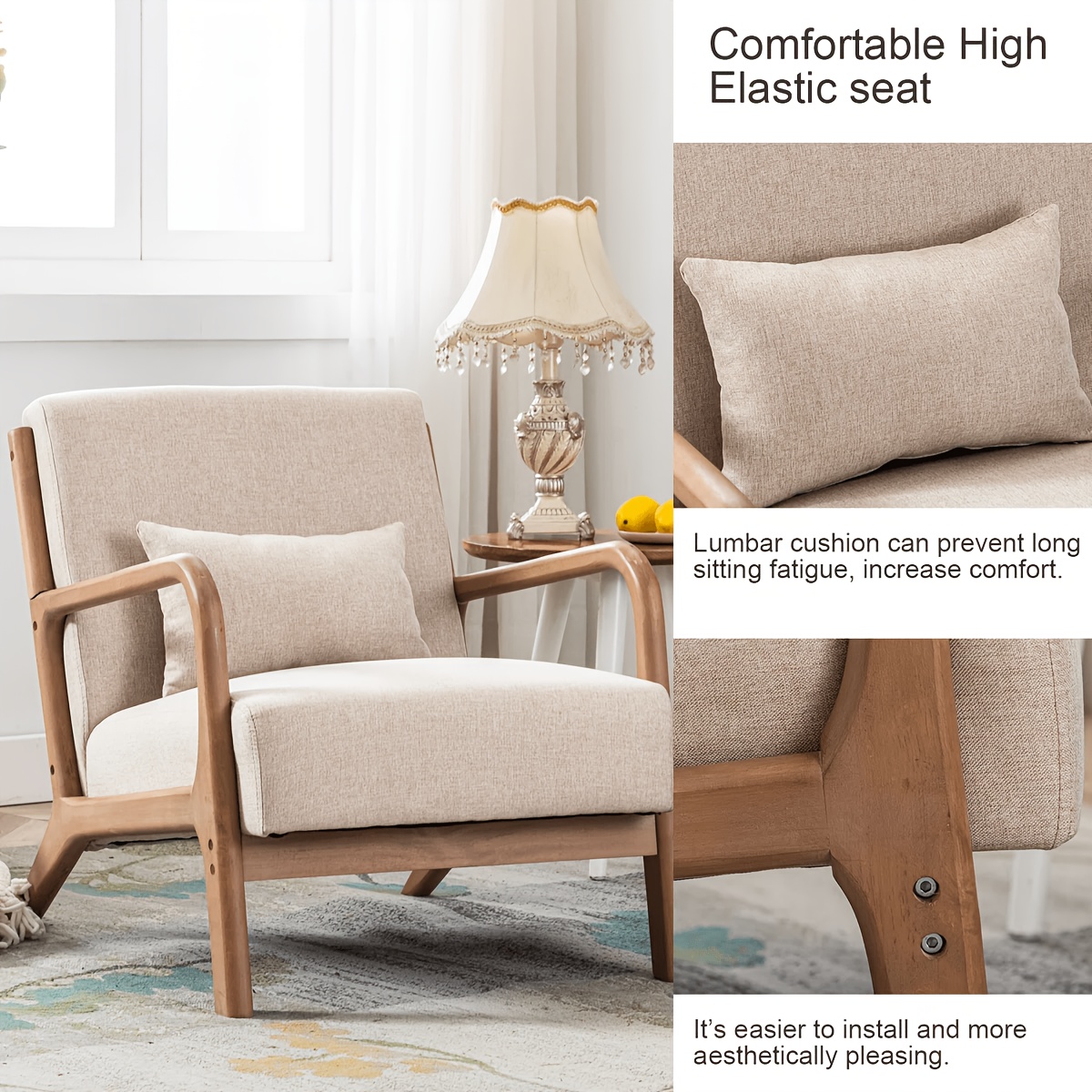 Mid-Century Modern Upholstered Accent Chair with Solid Wood Frame & Extra Pillow, Linen Lounge Reading Armchair for Game & Recreation Room Furniture