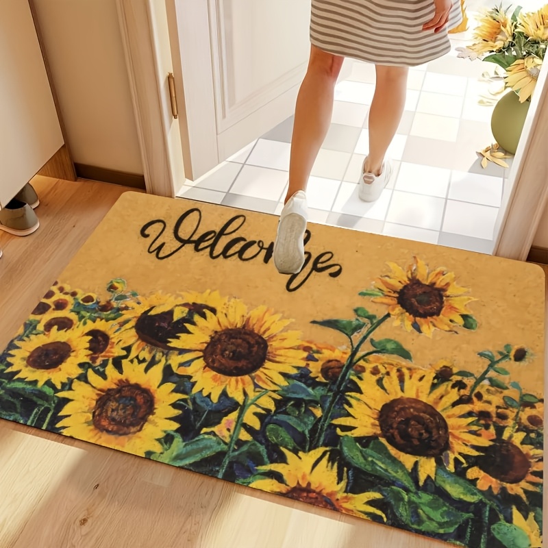 

1pc Sunflower Welcome Doormat - Stain Resistant, Machine Washable, Low Pile Polyester Mat For Indoor/outdoor Entrance, Easy To Clean, Dirt Resistant, Rectangle Home Decor Rug, 1cm , 800gsm