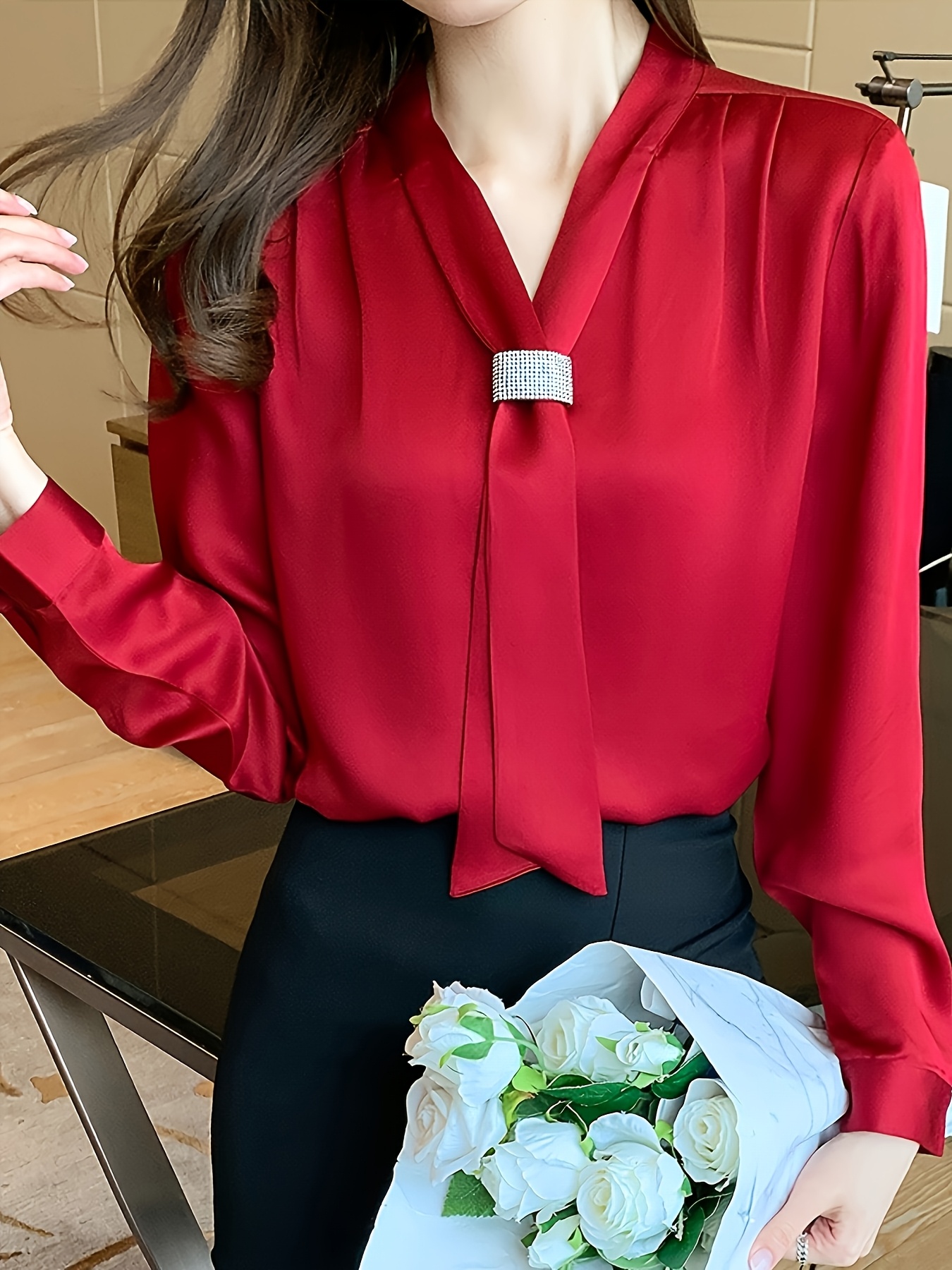 Camisa de Chiffon Vermelha Feminina com Elegante com Blusa  Profissional de Cor para Escritório, Top Lavável à