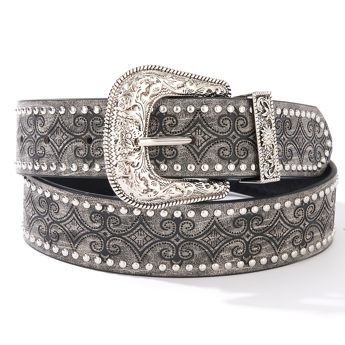 TEMU Ceinture 1 pièce pour femme, style Y2k, argentée, rétro western, en métal sculpté avec niche et rivets, adaptée à un
