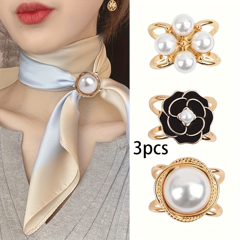 

3pcs Women' Golden Pearl Scarf Combination With Corner Knot Ring Multifunctional Scarf Fastening Clip