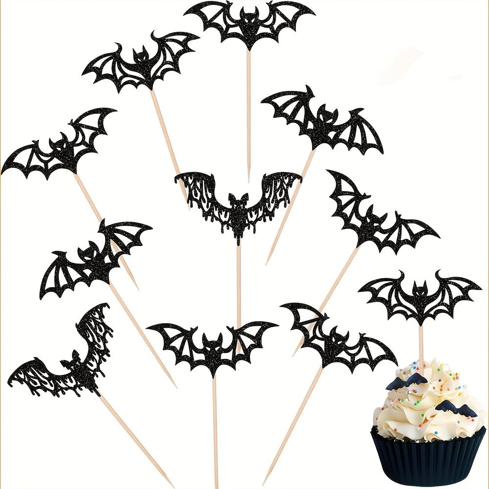 TEMU 10 piezas para Halloween, adornos para cupcakes de murciélago, murciélago con negro para Halloween, pinchos para cupcakes de Halloween,