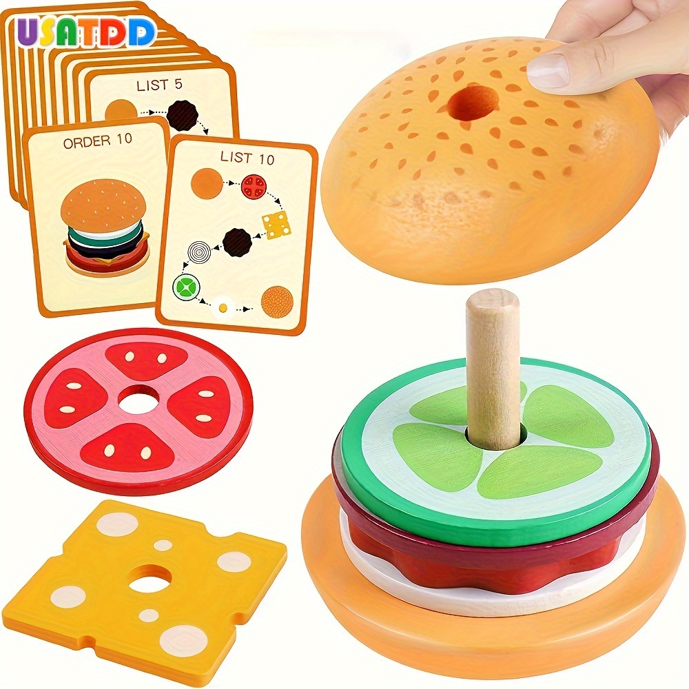 

Montessori Burger Stacking Toys Fine Motor Skills Wooden Toys With Order Cards Preschool Early Learning Educational Matching Toy Board Game Birthday Gift For Kids For 3 4 5 Year Old Boys Girls