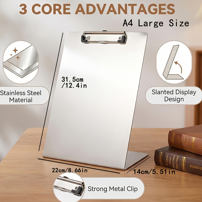 TEMU Tablette à rabats en acier inoxydable robuste avec clip, planche de présentation , clip pour de restaurant, clip pour menu, bloc d'écriture,
