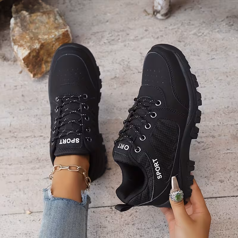 womens outdoor sneakers non slip cushioned platform sole gym hiking running sneakers lace up closure black lightweight durable for everyday formal events ladies sneakers hiking footwear sporty design breathable fabric comfortable footwear women Product details 9