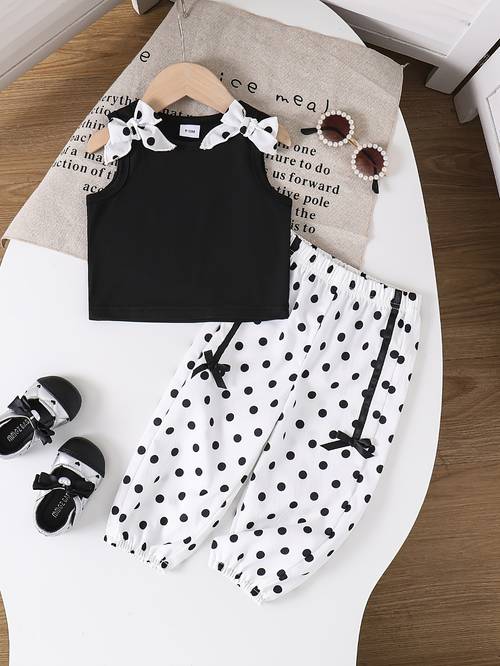 summer girls short tank top set with black and white polka dots and bow decoration perfect for outdoor