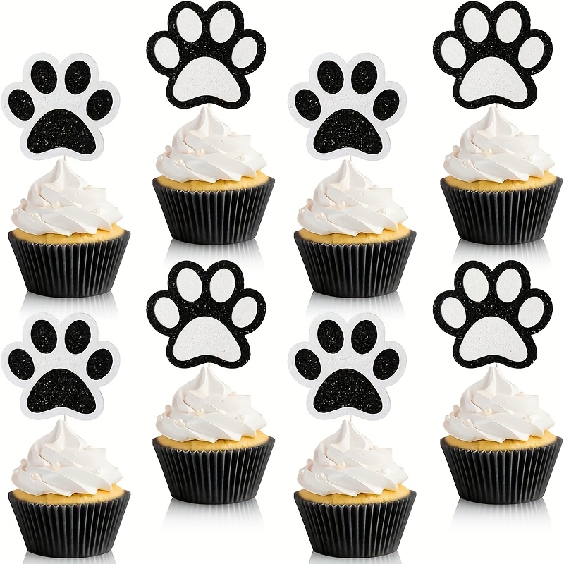 24pcs Sparkling Dog Paw Cupcake Toppers - Black & White, Perfect For Birthday Parties & Cake Decorations