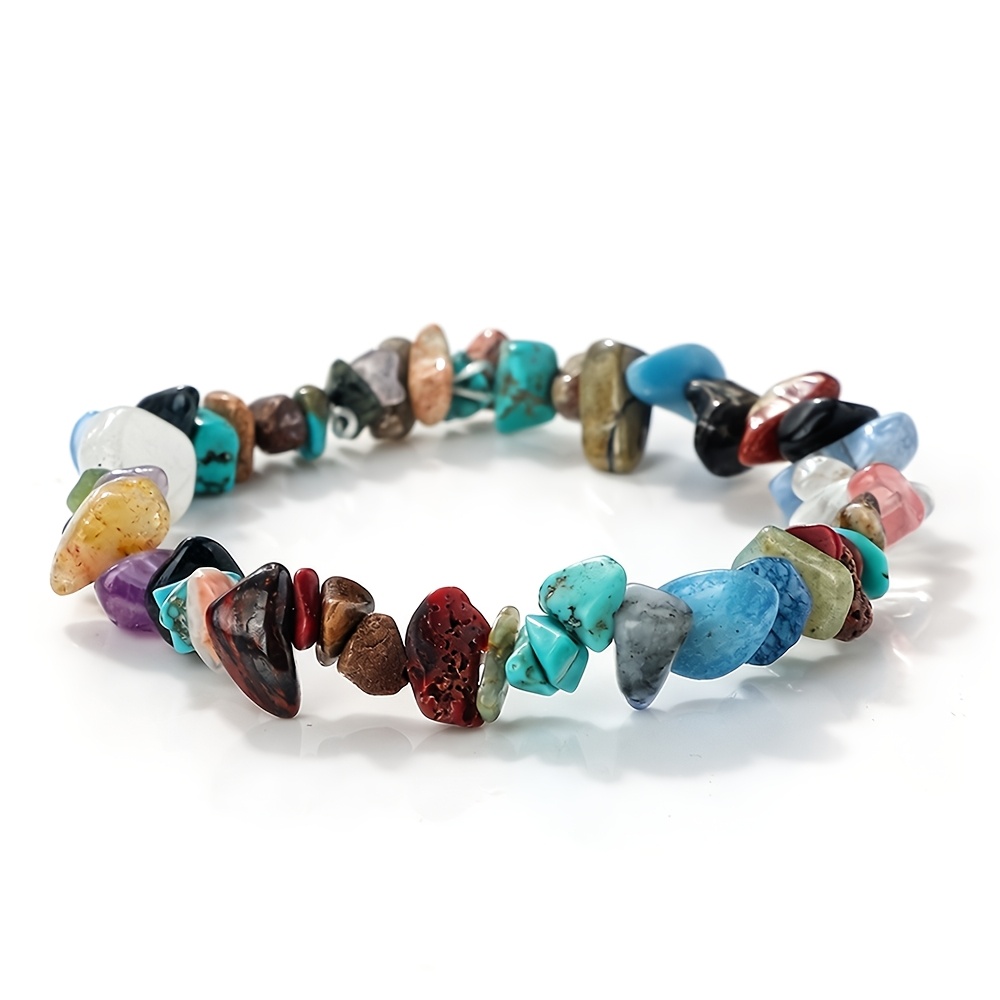 TEMU 1pc Bohemian Style Colorful Crushed Stone Bracelet For Men And Women, Elastic String Bangle For Banquets, Colorful Stones, Gift For Beach