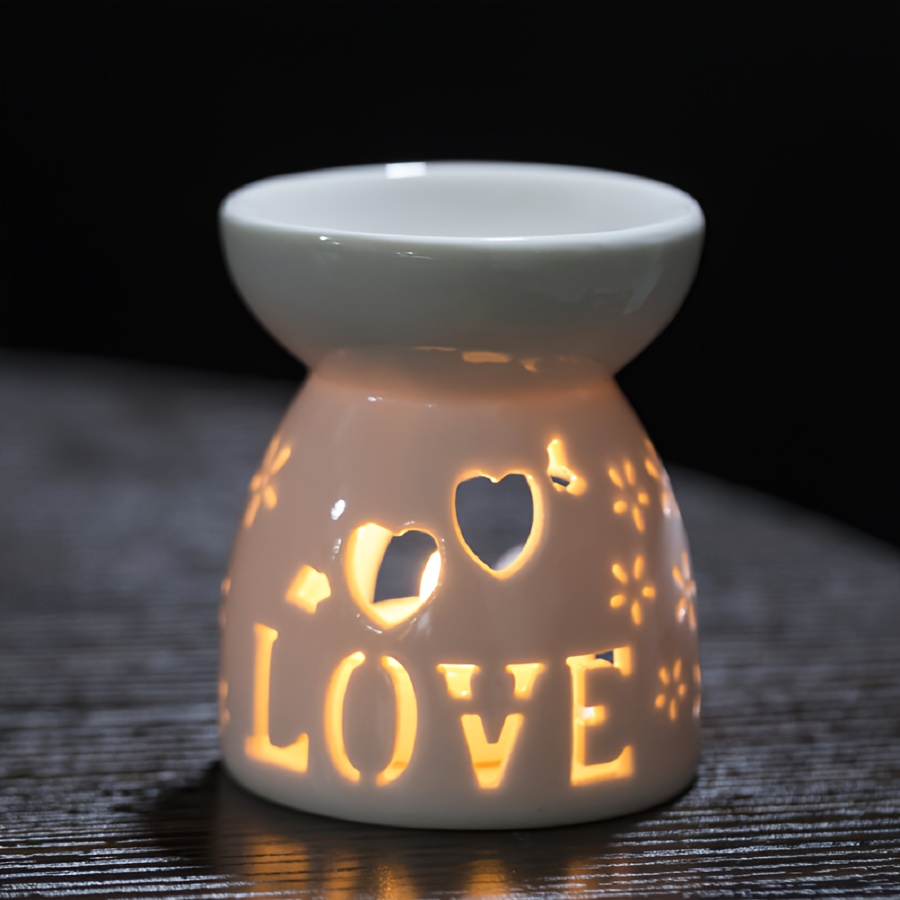 

1pc Ceramic Burner, White Hollow-out Love & Flower Design, Essential Oil Candle Holder, Romantic Decor For Home And Valentine's Day Party