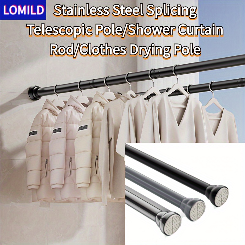 

Stainless Steel Tension Shower Curtain Rod, Extendable Metal Pole For Clothes Drying, Curtain Hanging, No-drill Installation, Multi-size Telescopic Rod For Bedroom, Bathroom, Balcony - Black