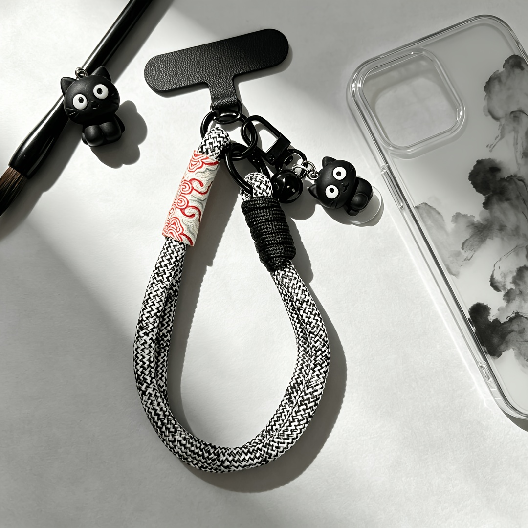 TEMU New Chinese Style Cloud Woven Phone Lanyard - Black And White Charm, Anti-loss Wrist Strap Phone Chain, Chinese Style Cloud Jacquard Woven