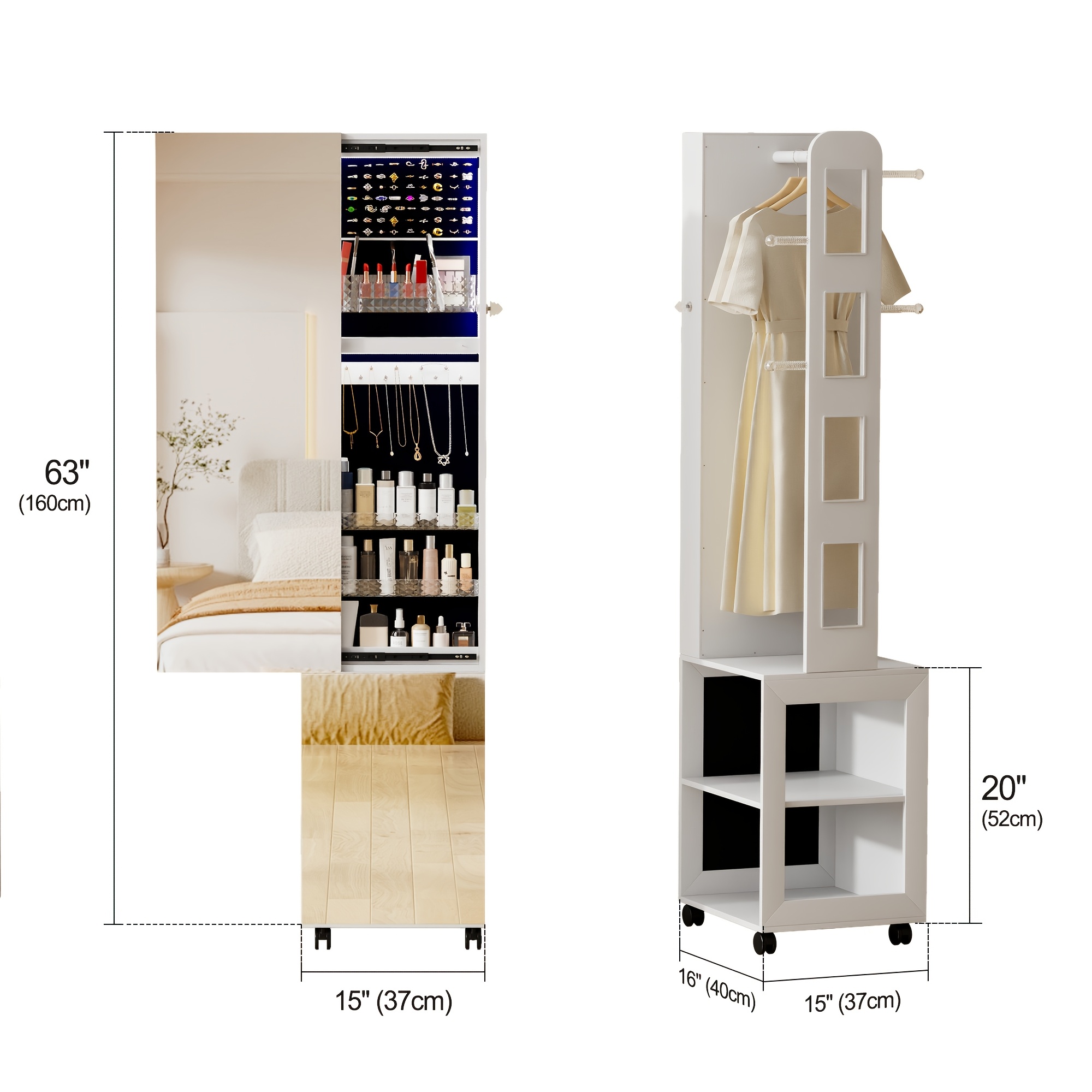 Full Length Mirror Jewelry Cabinet With LED Lights & Storage - 360° Swivel Standing Armoire With Makeup Shelf, Drawer, And Shelves (Brown)
